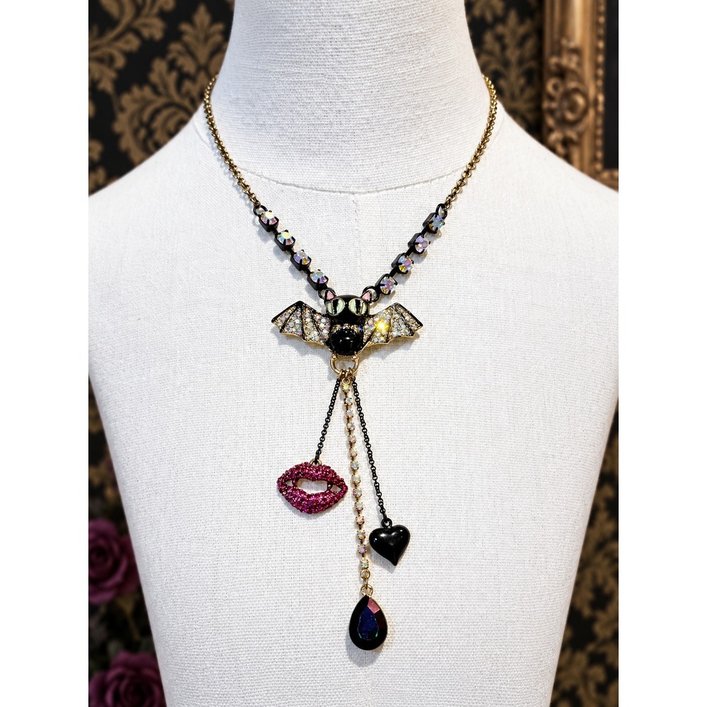 Betsey Johnson Dark Shadows Bat Necklace Jeweled Lips Heart Charm Statement